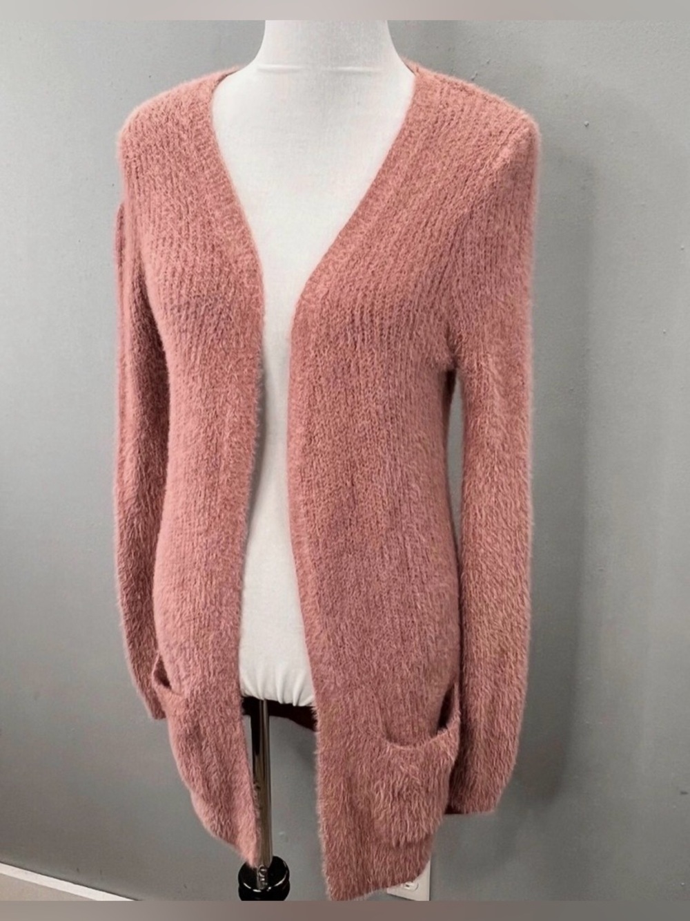 Love Tree Fuzzy Eyelash Knit Long Cardigan in the color Mauve